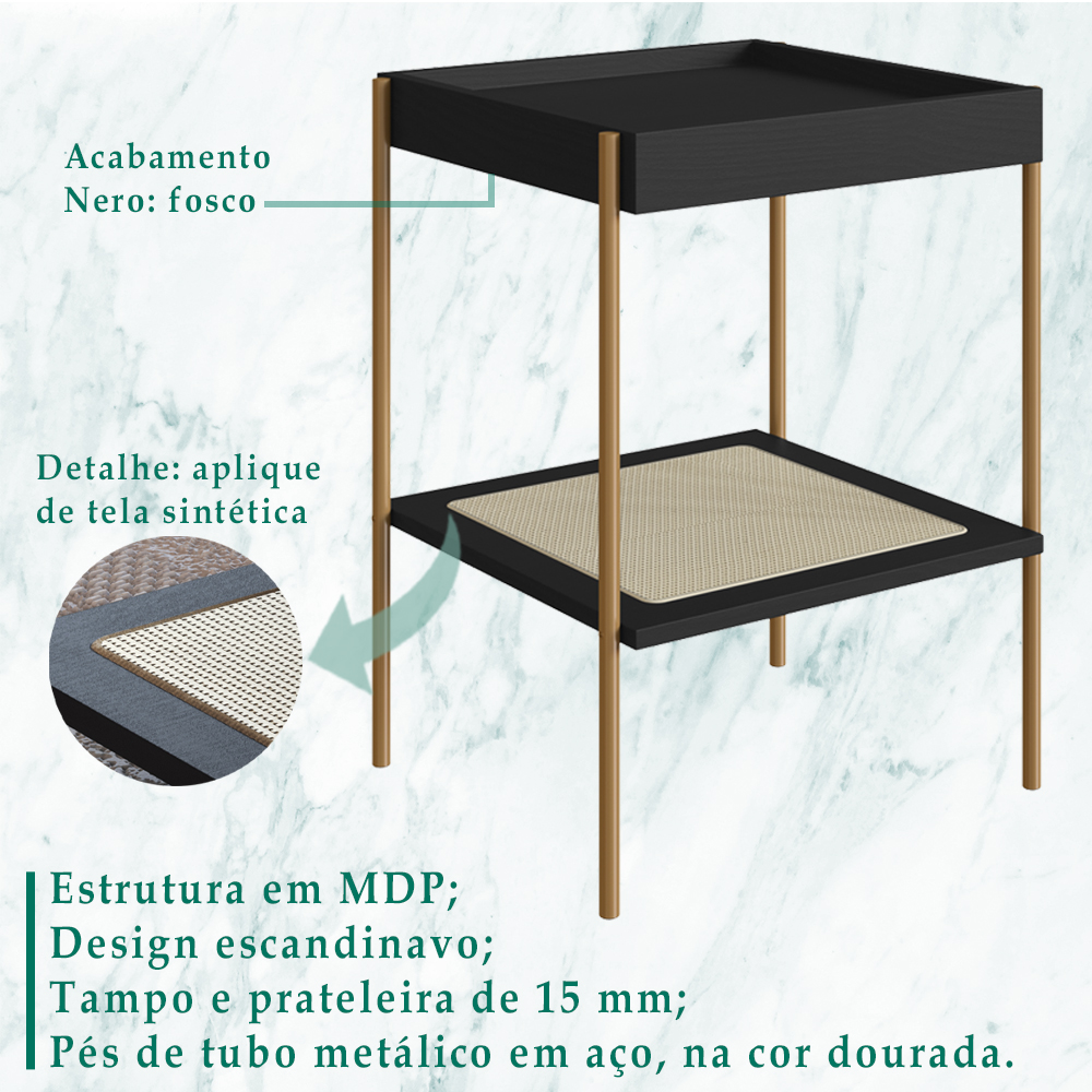Mesa Lateral 58 CM Pes Metal Palhinha Oslo 28962 Nero Artesano