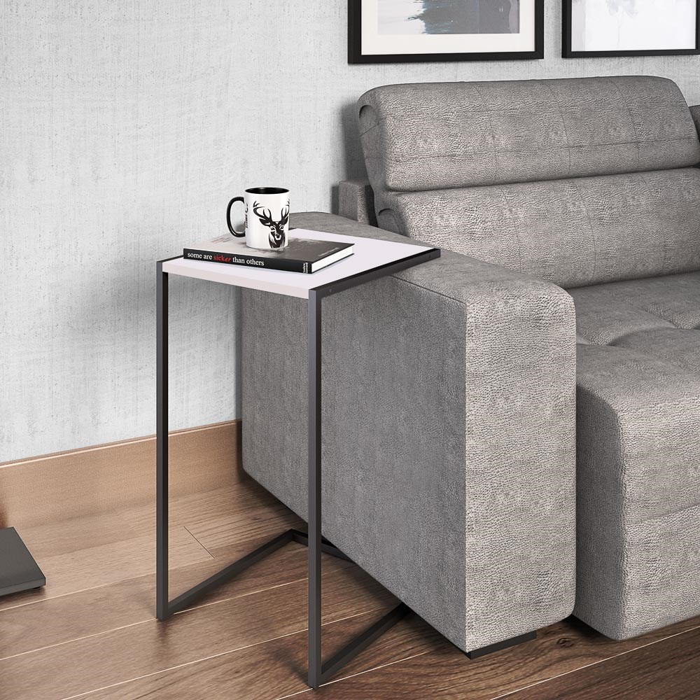 Mesa Lateral De Apoio Branco Base Preta - Artesano