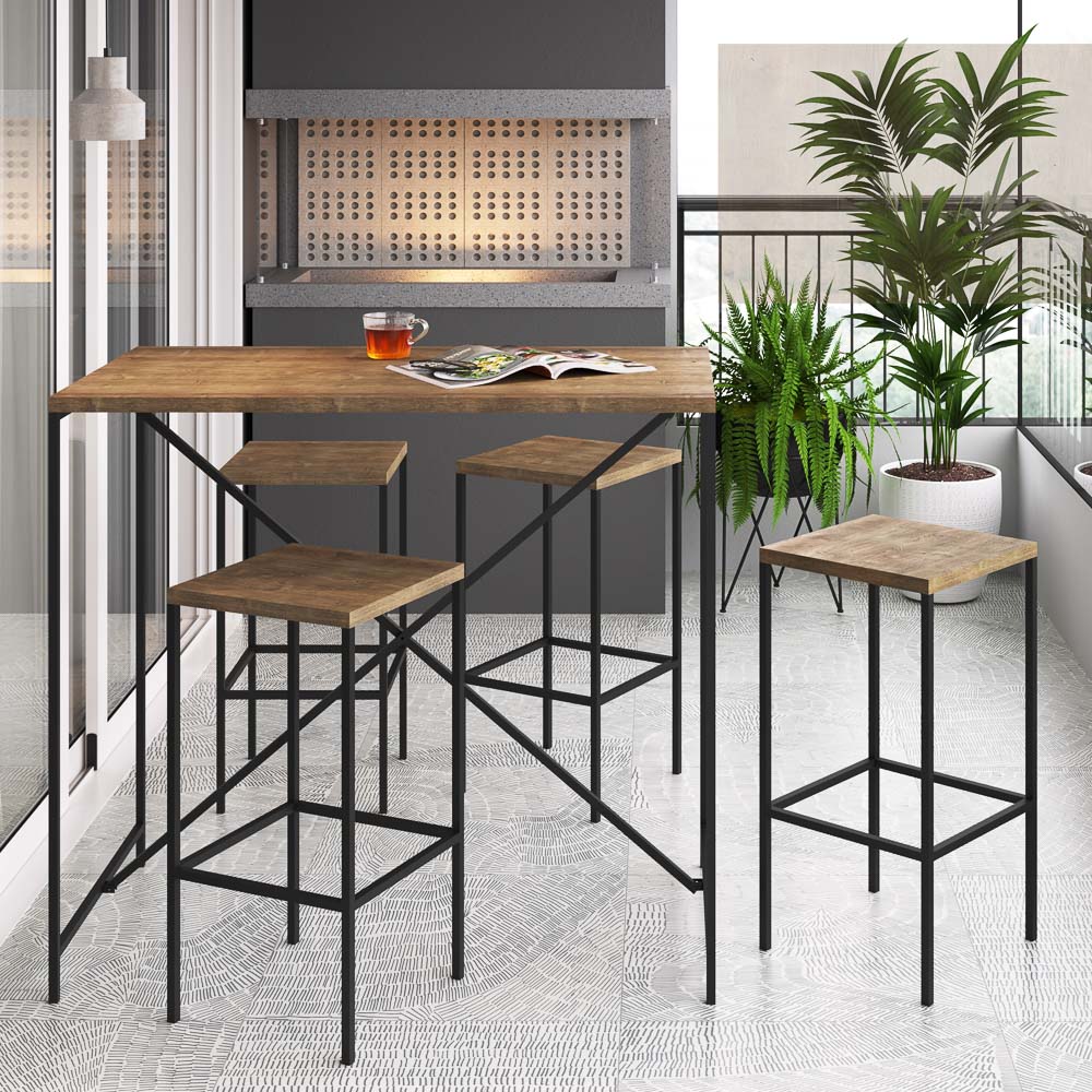 Mesa Para Sala de Jantar e 4 Banquetas Altas Steel Quadra Vermont Base Preta - Artesano