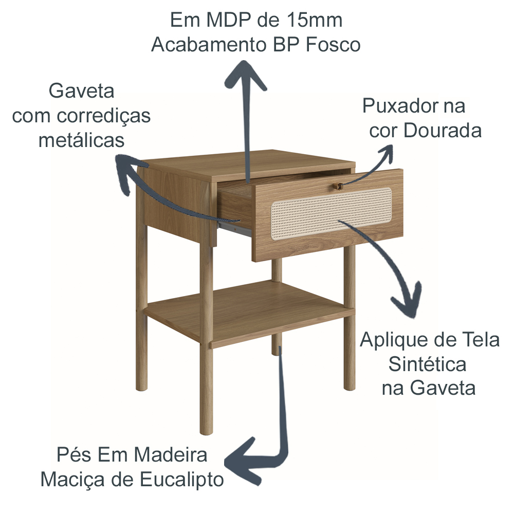 Mesa de Cabeceira 1 Gaveta Palhinha 27932 Linha Oslo Hanover Artesano