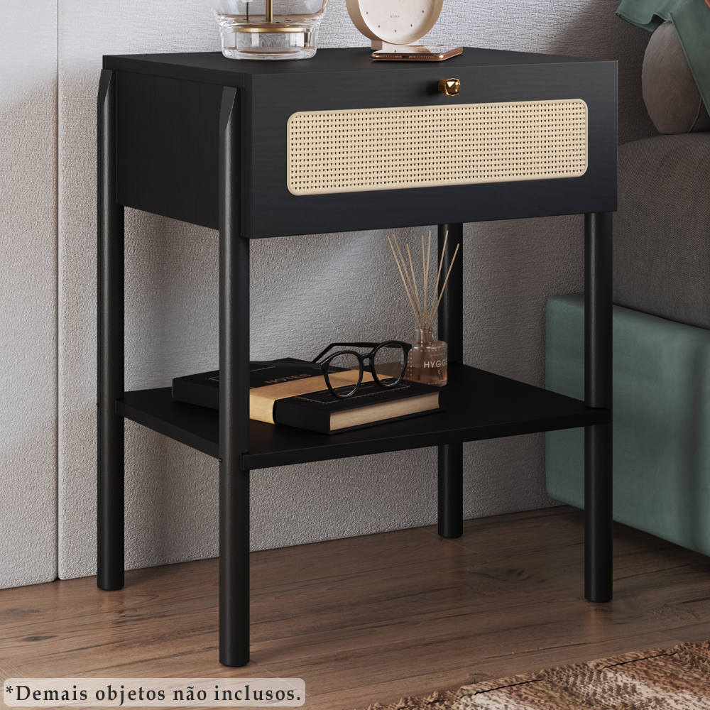 Mesa de Cabeceira 1 Gaveta Palhinha 27932 Linha Oslo Nero Artesano