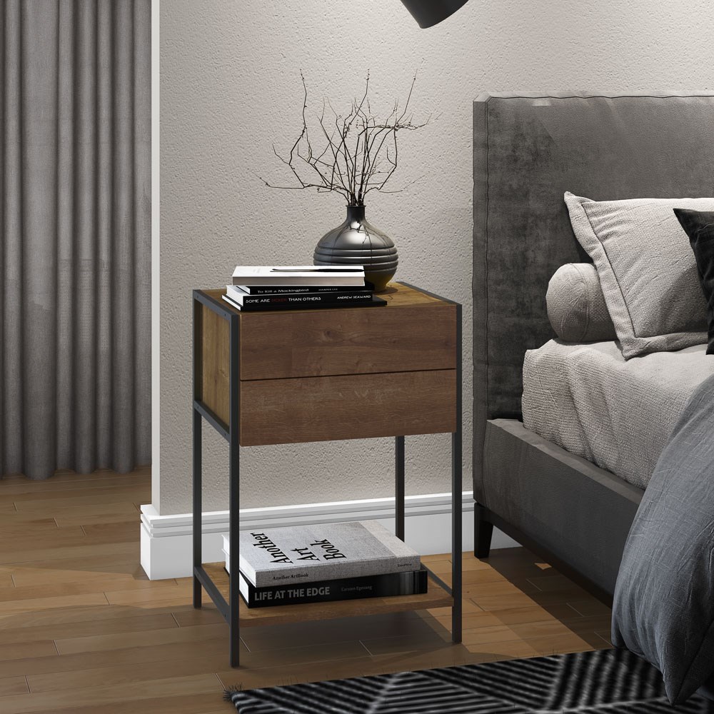 Mesa de Cabeceira 2 Gavetas Estilo Industrial Steel Quadra Vermont Base Preta - Artesano