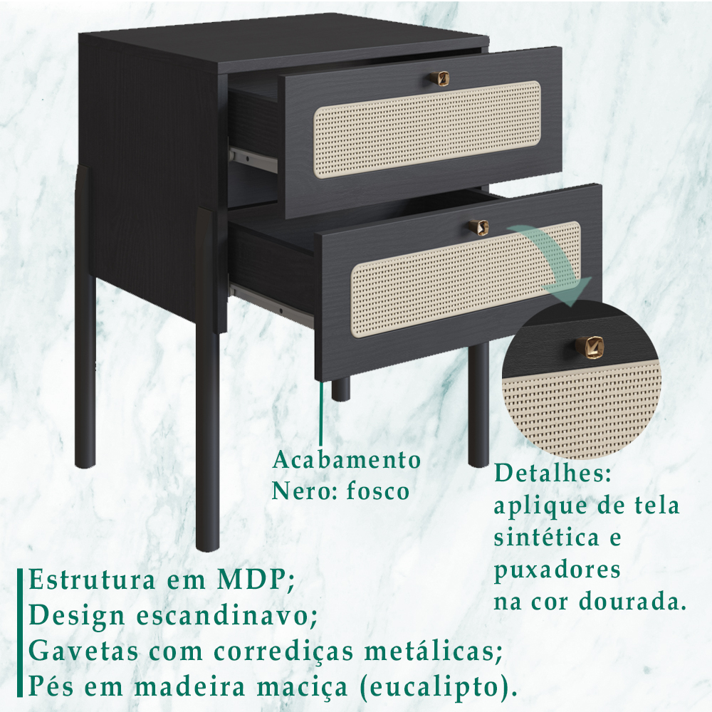 Mesa de Cabeceira 2 Gavetas Palhinha 27933 Linha Oslo Nero Artesano