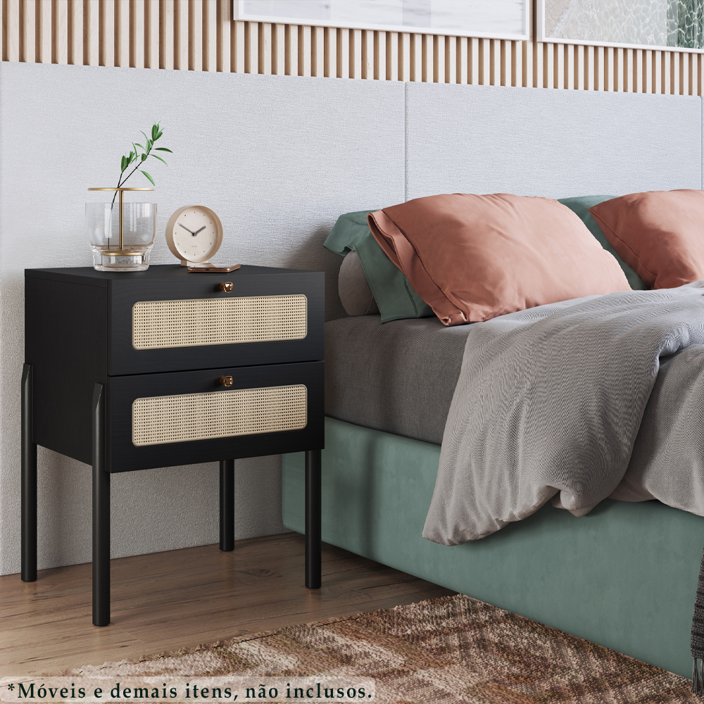 Mesa de Cabeceira 2 Gavetas Palhinha 27933 Linha Oslo Nero Artesano