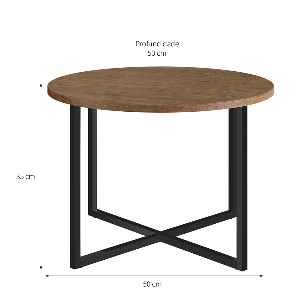 Mesa de Centro Redonda Acácio Marrom Claro e Preta 50 cm