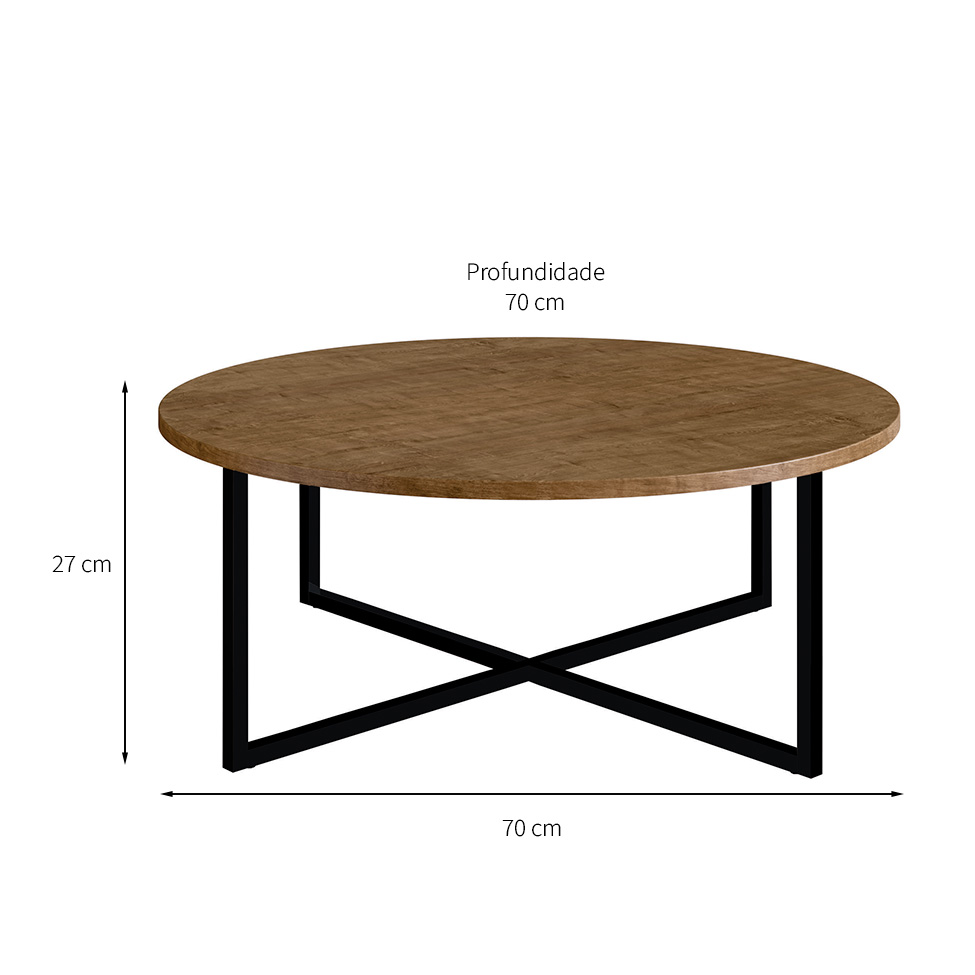 Mesa de Centro Redonda Acácio Marrom Claro e Preta 70 cm