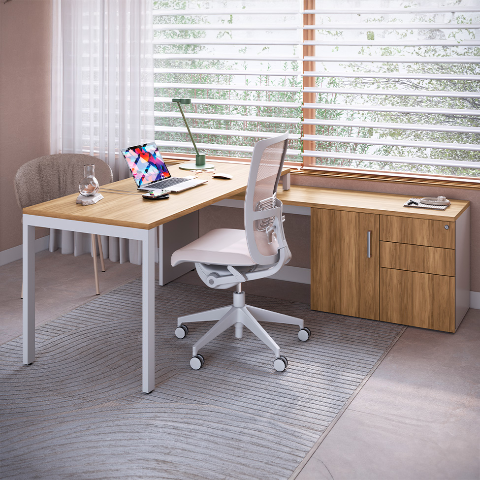 Mesa de Escritório em L Concept 1 PT 3 GV Nogal e Branca