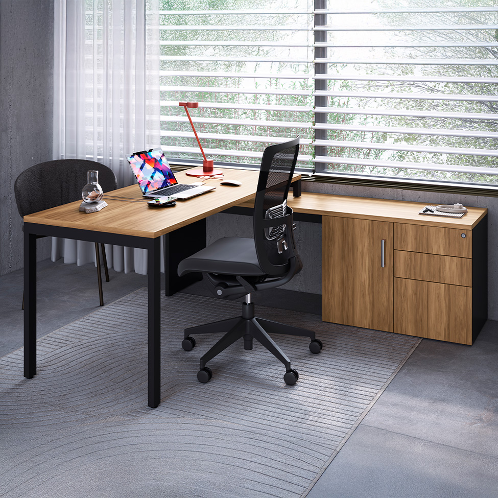 Mesa de Escritório em L Concept 1 PT 3 GV Nogal e Preta