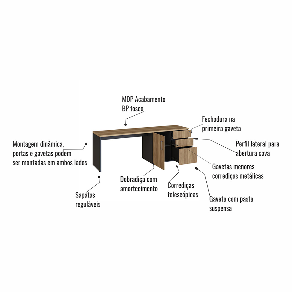 Mesa de Escritório em L Concept 1 PT 3 GV Nogal e Preta
