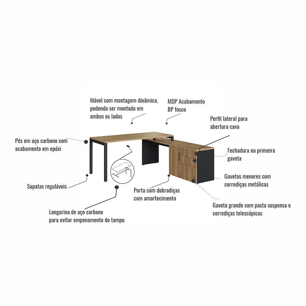 Mesa de Escritório em L Concept 1 PT 3 GV Nogal e Preta