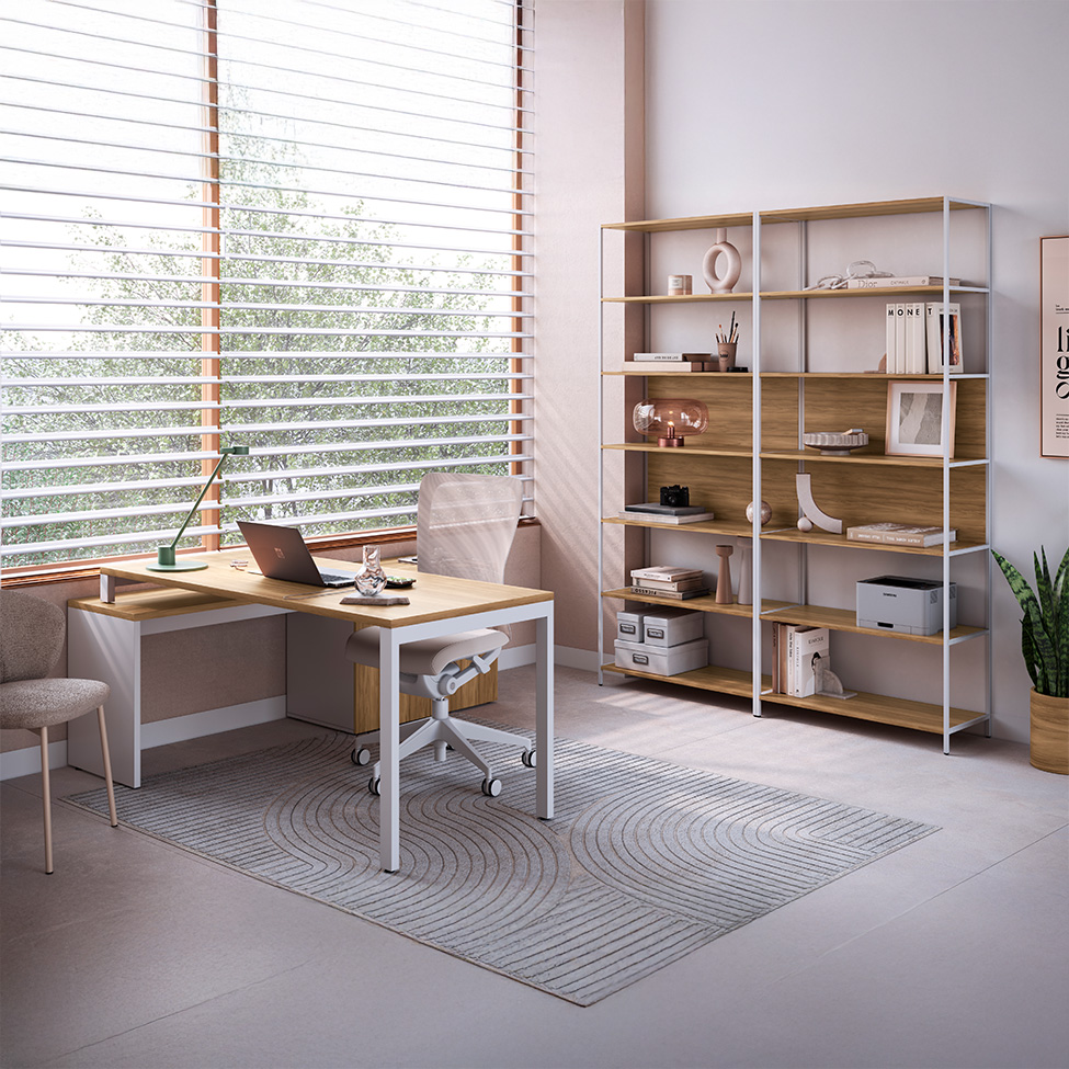 Mesa de Escritório em L com 2 Estantes Concept 1 PT 3 GV Nogal e Branca