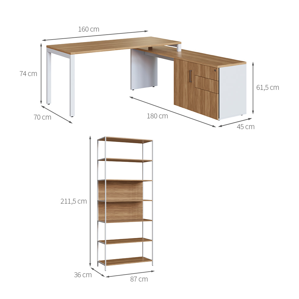 Mesa de Escritório em L com 2 Estantes Concept 1 PT 3 GV Nogal e Branca