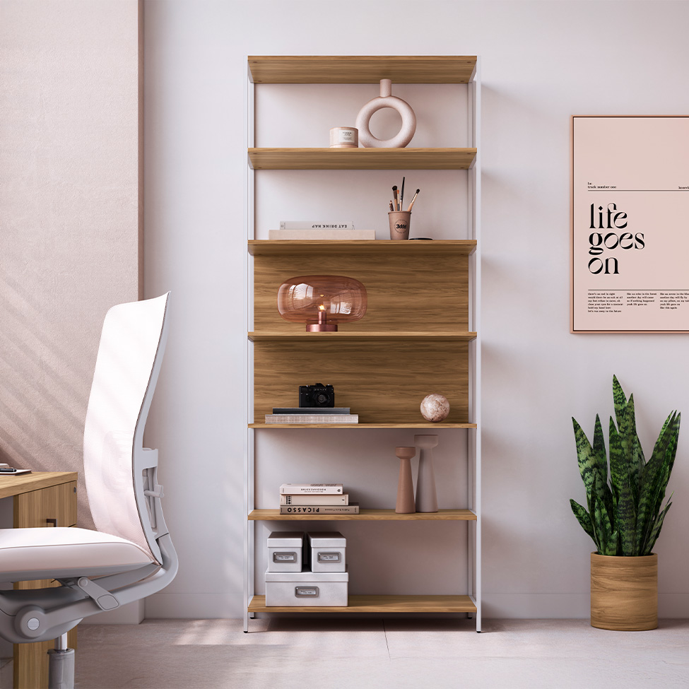 Mesa de Escritório em L com 2 Estantes Concept 1 PT 3 GV Nogal e Branca