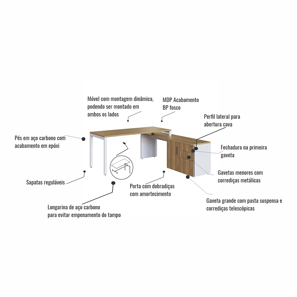 Mesa de Escritório em L com 2 Estantes Concept 1 PT 3 GV Nogal e Branca