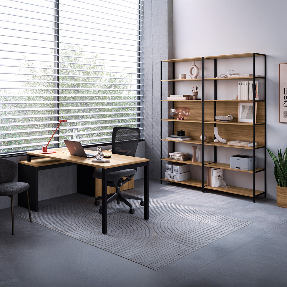 Mesa de Escritório em L com 2 Estantes Concept 1 PT 3 GV Nogal e Preta