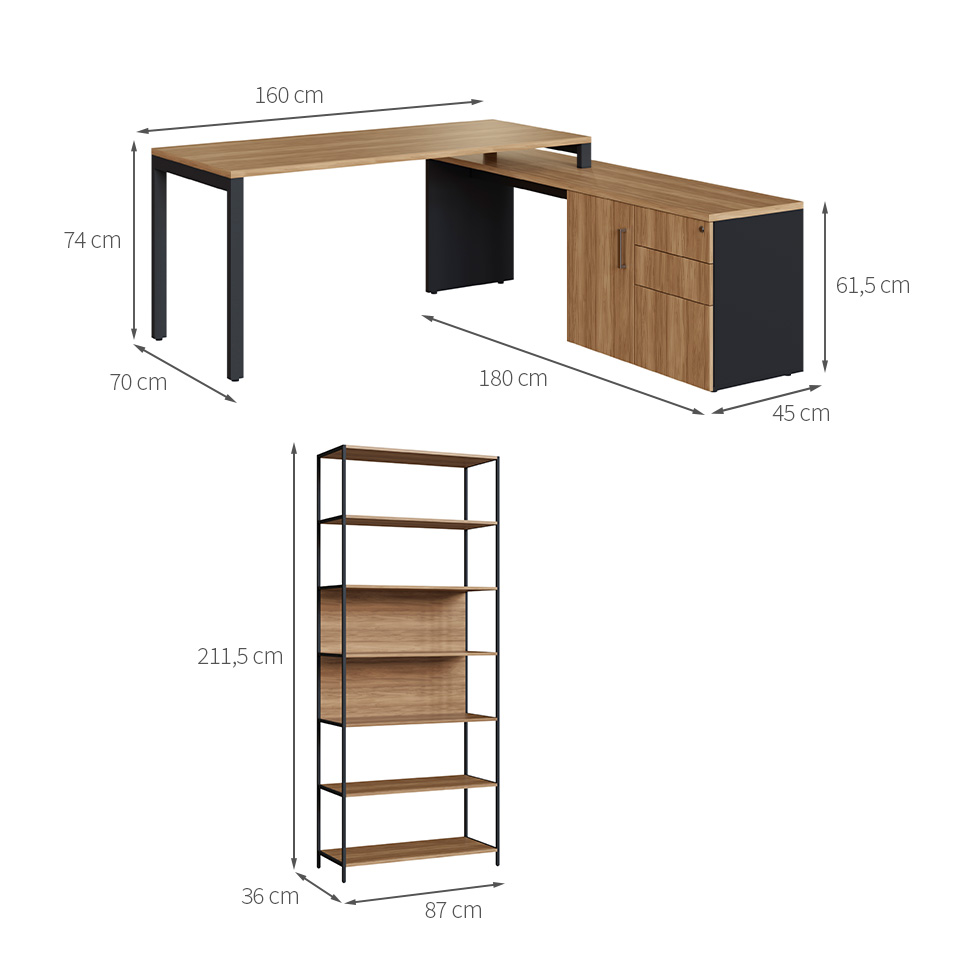 Mesa de Escritório em L com 2 Estantes Concept 1 PT 3 GV Nogal e Preta