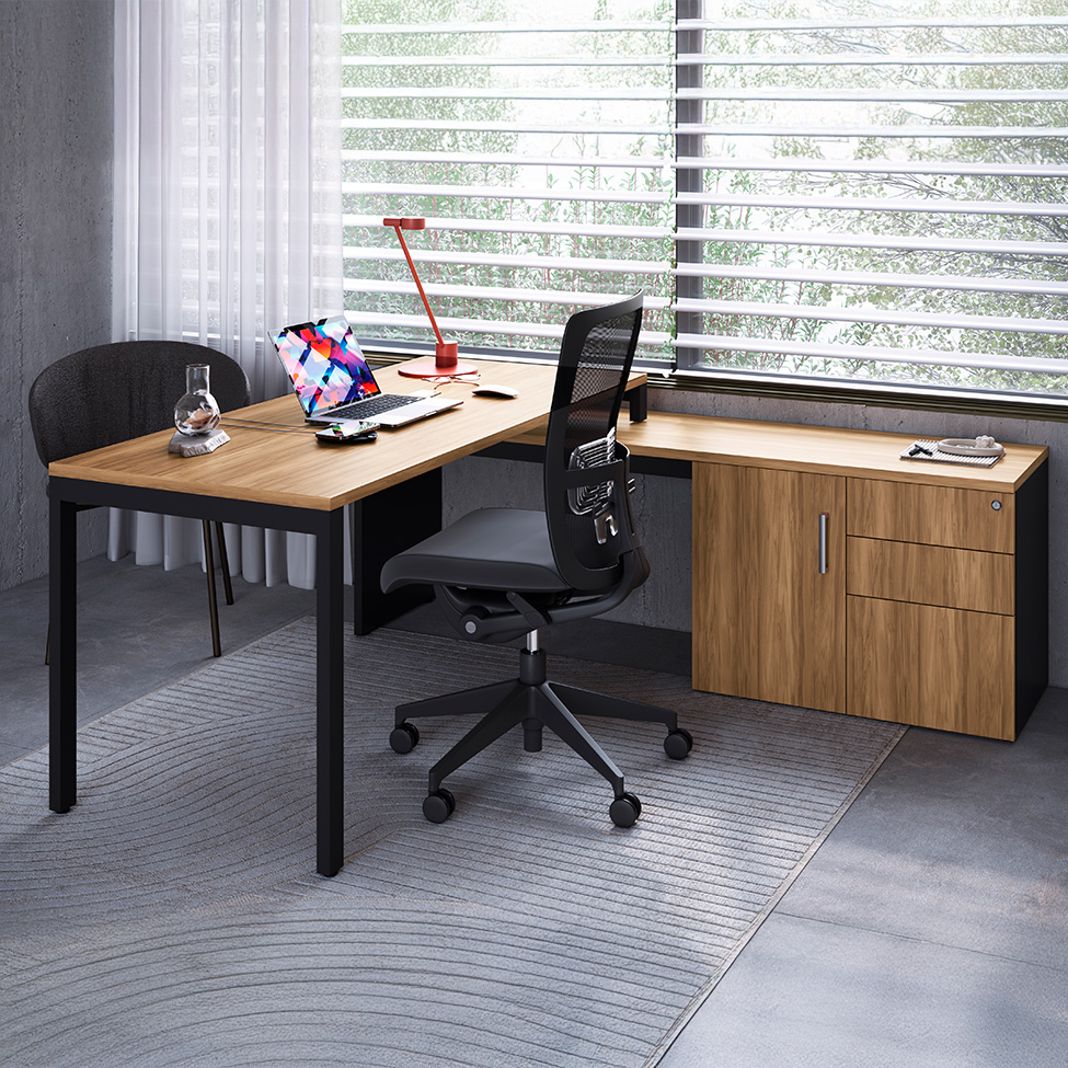 Mesa de Escritório em L com 2 Estantes Concept 1 PT 3 GV Nogal e Preta