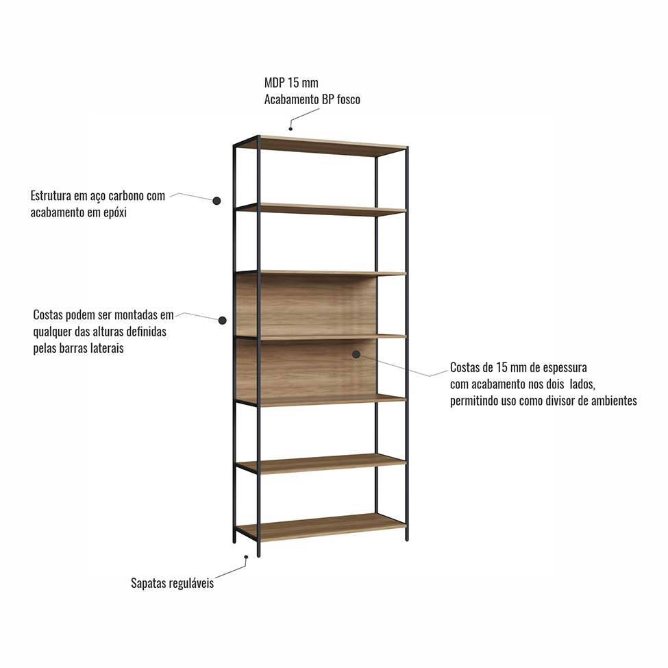 Mesa de Escritório em L com 2 Estantes Concept 1 PT 3 GV Nogal e Preta