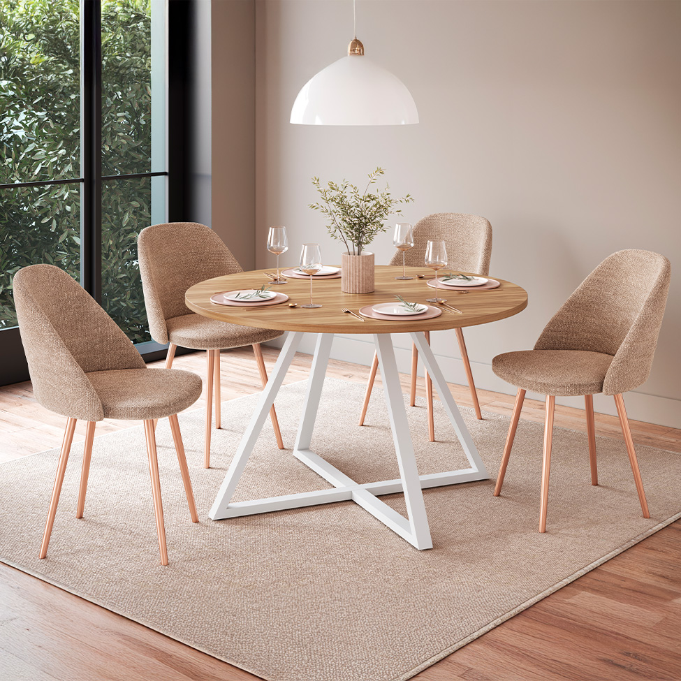 Mesa de Jantar Redonda com Tampo MDP Concept Nogal e Branca 110 cm