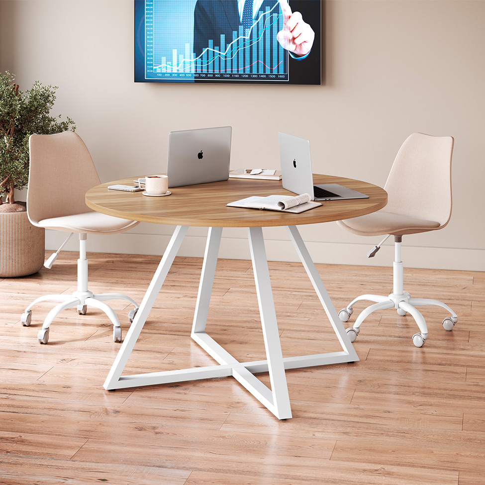 Mesa de Reunião Redonda Concept Nogal e Branca 110 cm