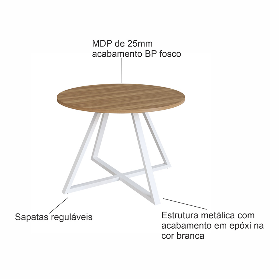 Mesa de Reunião Redonda Concept Nogal e Branca 110 cm