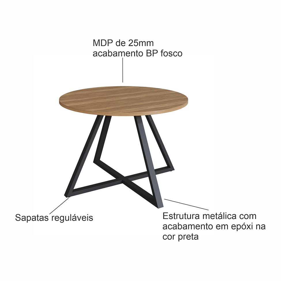 Mesa de Reunião Redonda Concept Nogal e Preta 110 cm