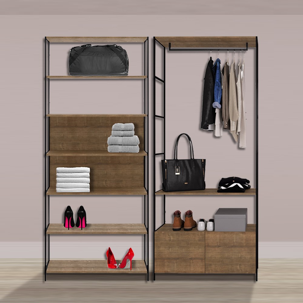 Quarto Modulado Closet 2 Módulos Estilo Industrial Steel Quadra Vermont Base Preto - Artesano