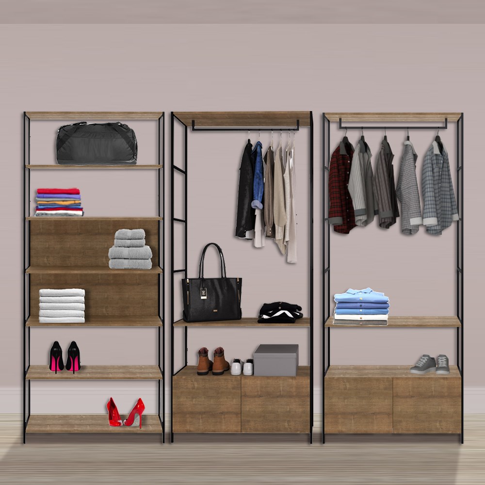 Quarto Modulado Closet 3 Módulos Estilo Industrial Steel Quadra Vermont Base Preto - Artesano