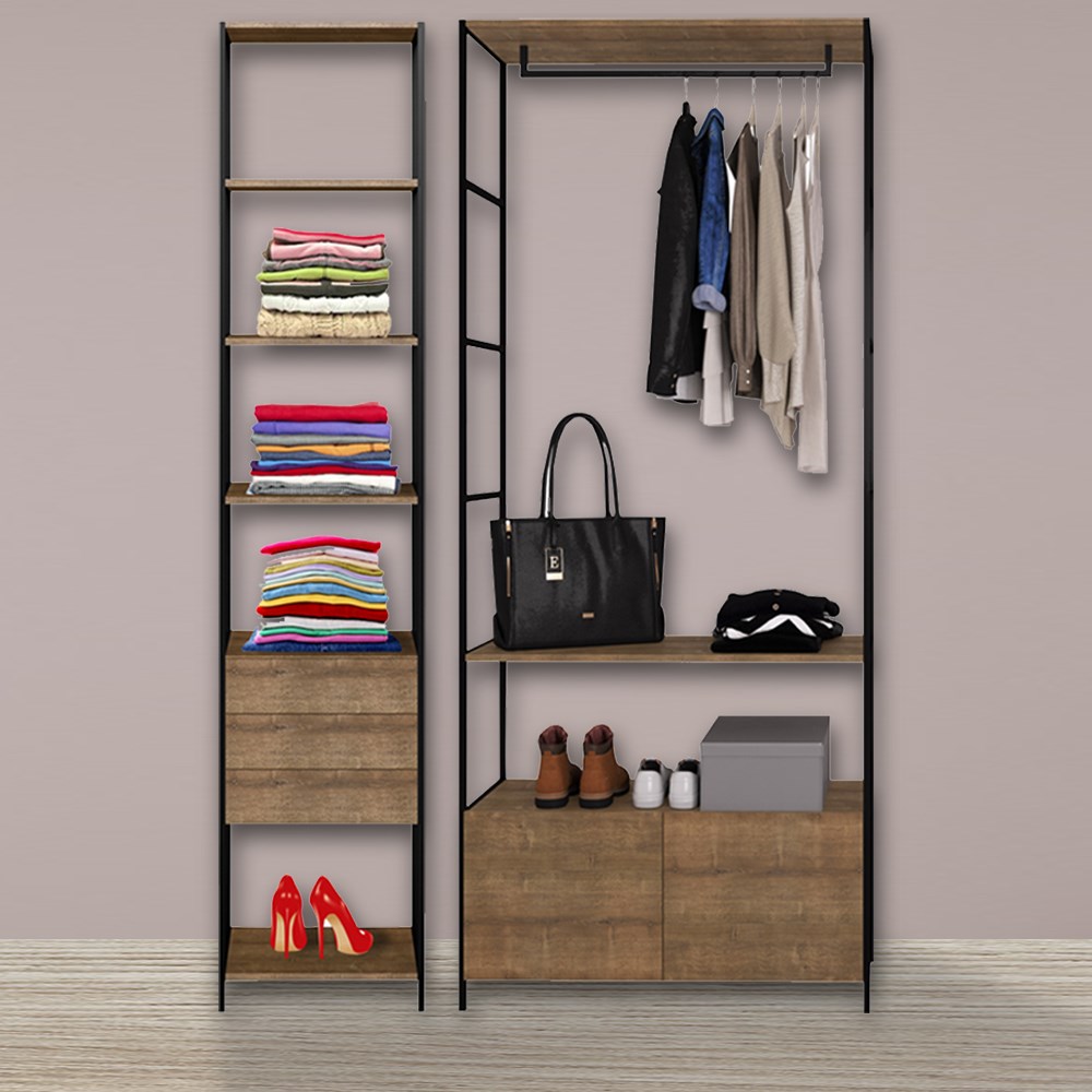 Quarto Modulado Compacto 2 Módulos Estilo Industrial Steel Quadra Vermont Base Preto - Artesano