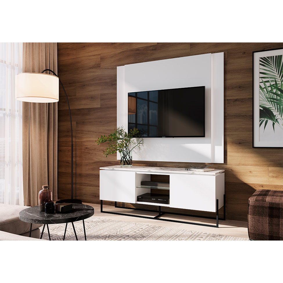 Rack com Painel para TV até 60 Polegadas Vesta 2 PT Branco Thassos e Preto