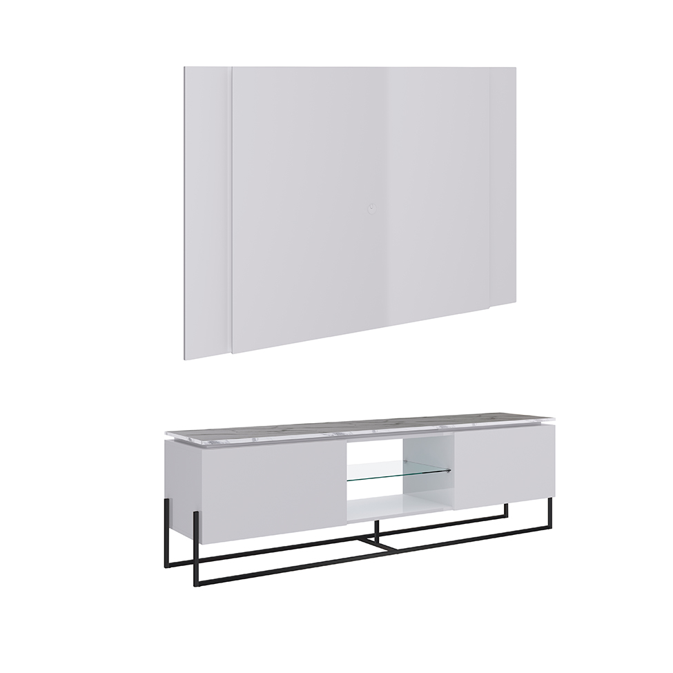 Rack com Painel para TV até 60 Polegadas Vesta 2 PT Branco Thassos e Preto