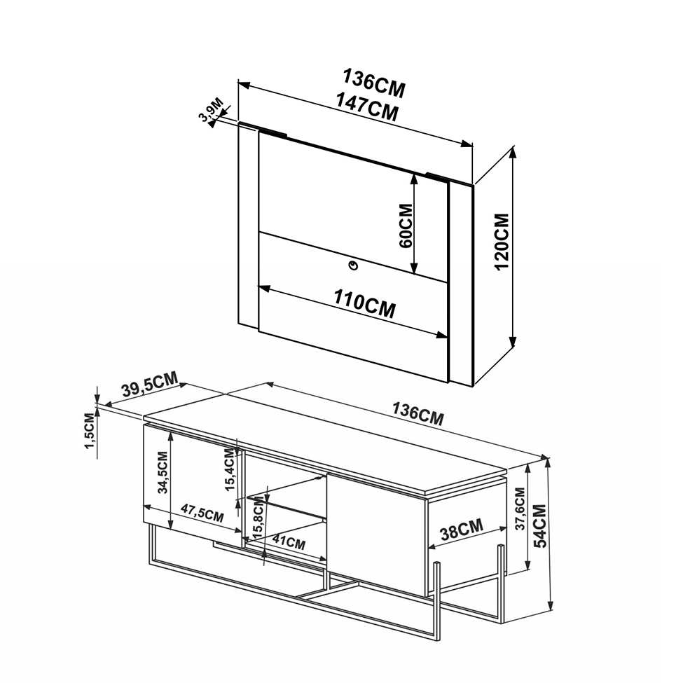 Rack com Painel para TV até 60 Polegadas Vesta 2 PT Branco Thassos e Preto