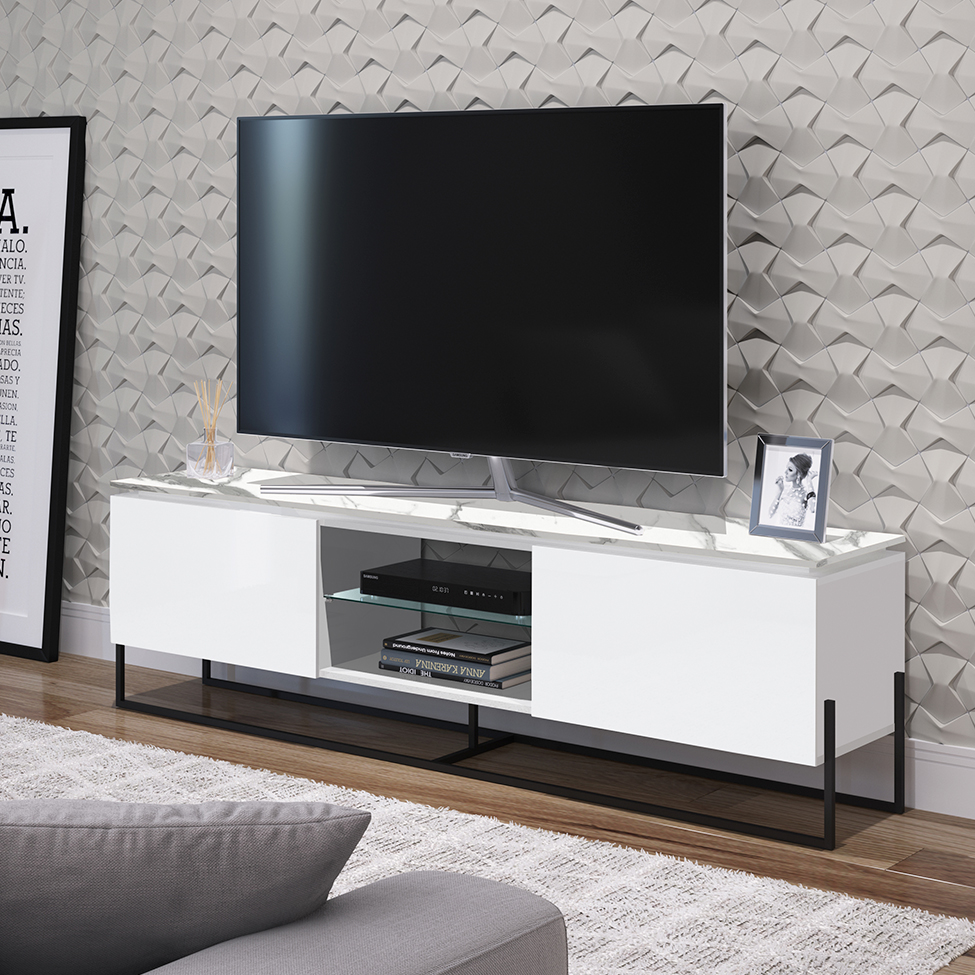 Rack com Painel para TV até 60 Polegadas Vesta 2 PT Branco Thassos e Preto
