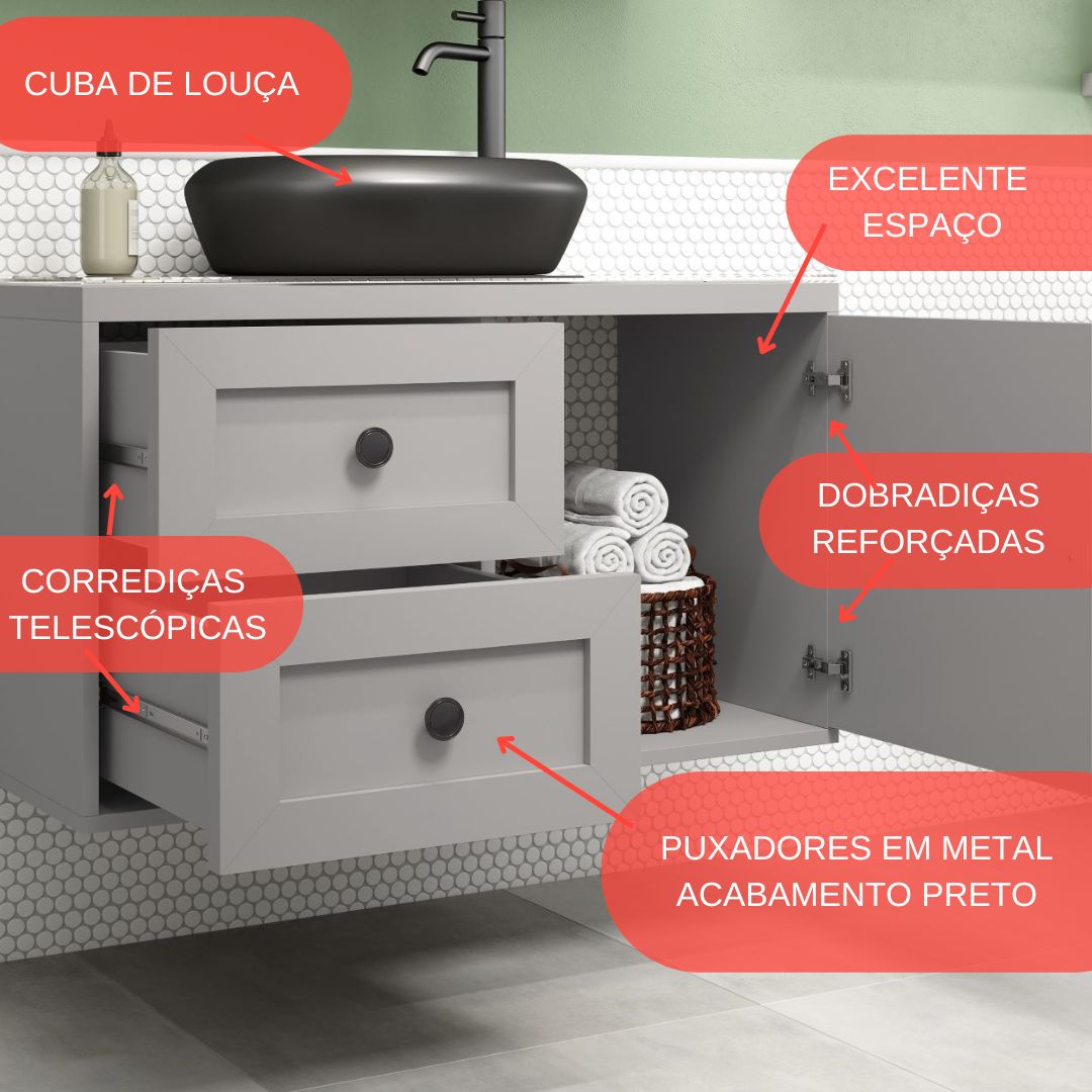 Conjunto para Banheiro Provençal 80 Cuba Preta e Espelheira Cinza Matt.