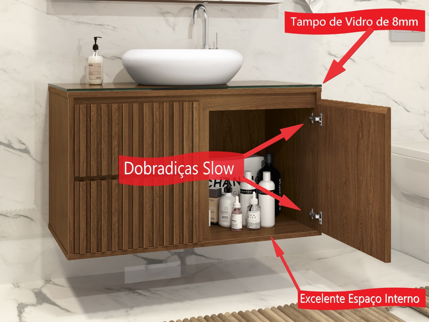 Gabinete Banheiro Ripado Sem Cuba Freijo Com 2 Gavetas e Porta MDF