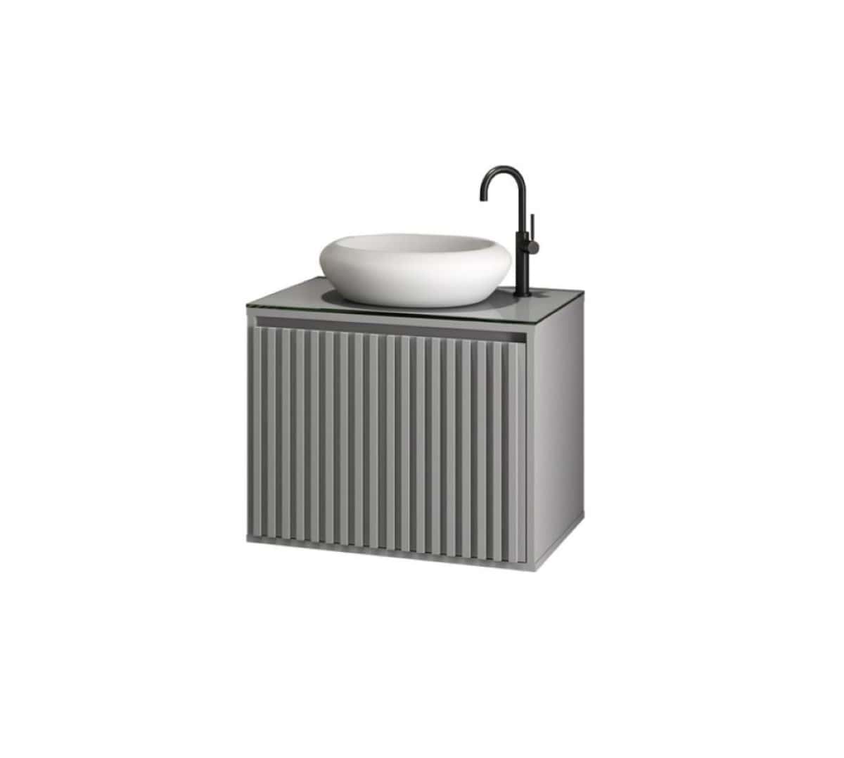 Gabinete Para Banheiro Ripado 60 Cinza Mat. C/ Cuba Branca