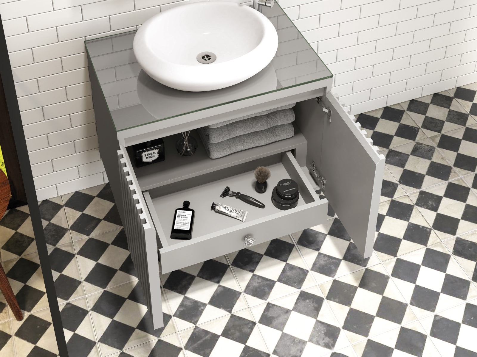 Gabinete Para Banheiro Ripado 60 Cinza Mat. C/ Cuba Branca