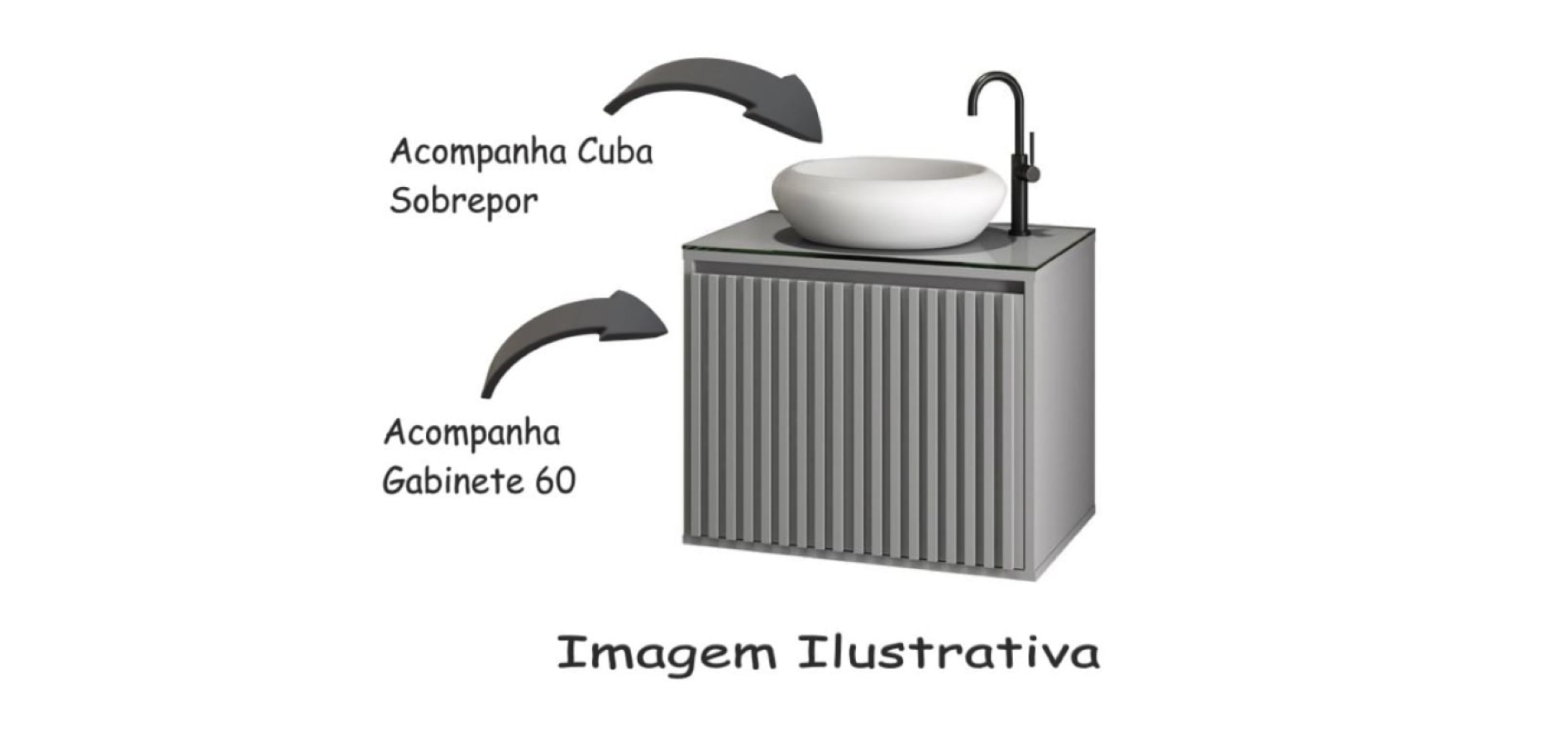 Gabinete Para Banheiro Ripado 60 Cinza Mat. C/ Cuba Branca