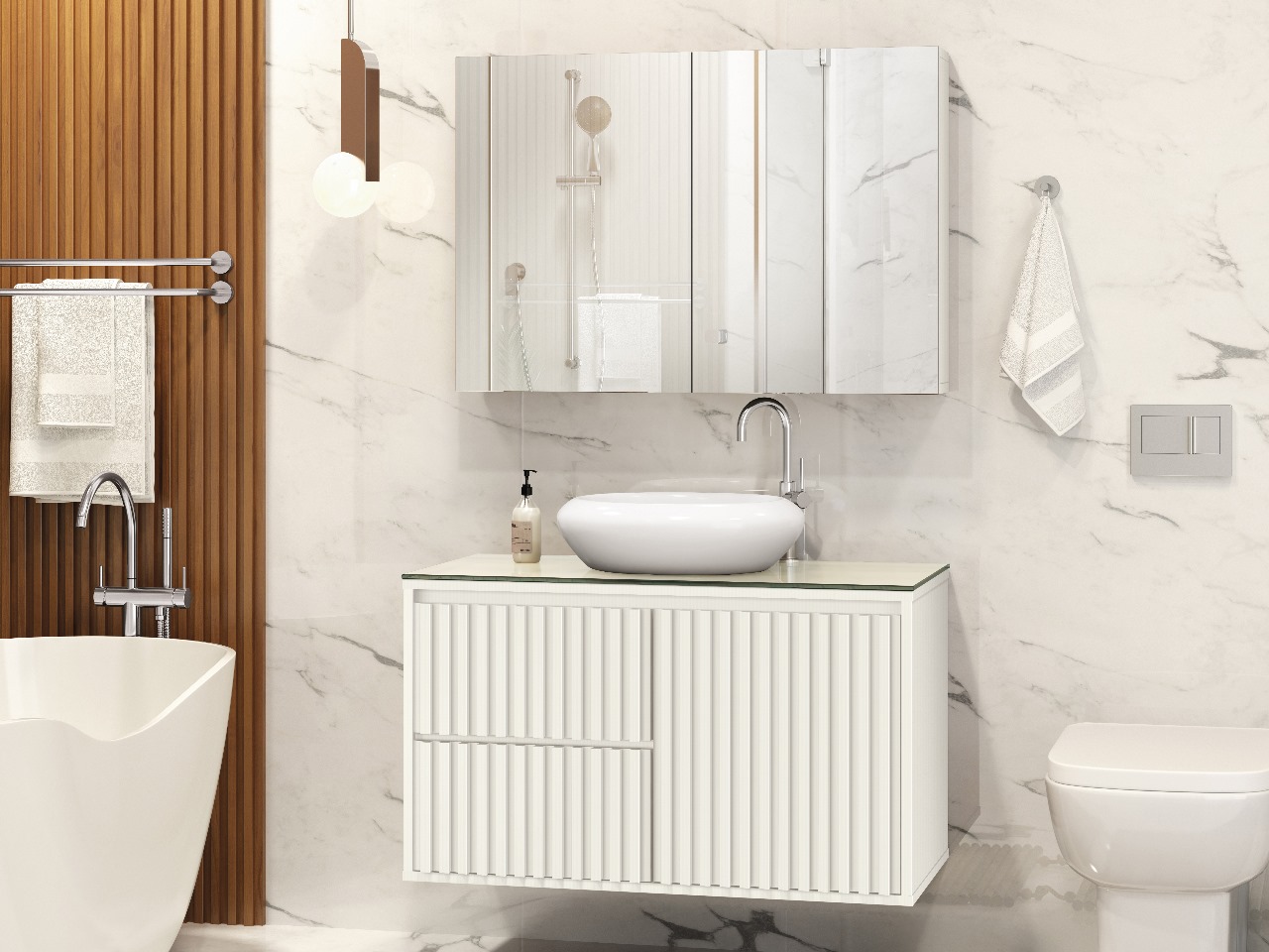 Gabinete Para Banheiro Ripado 80cm Branco com Cuba Branca
