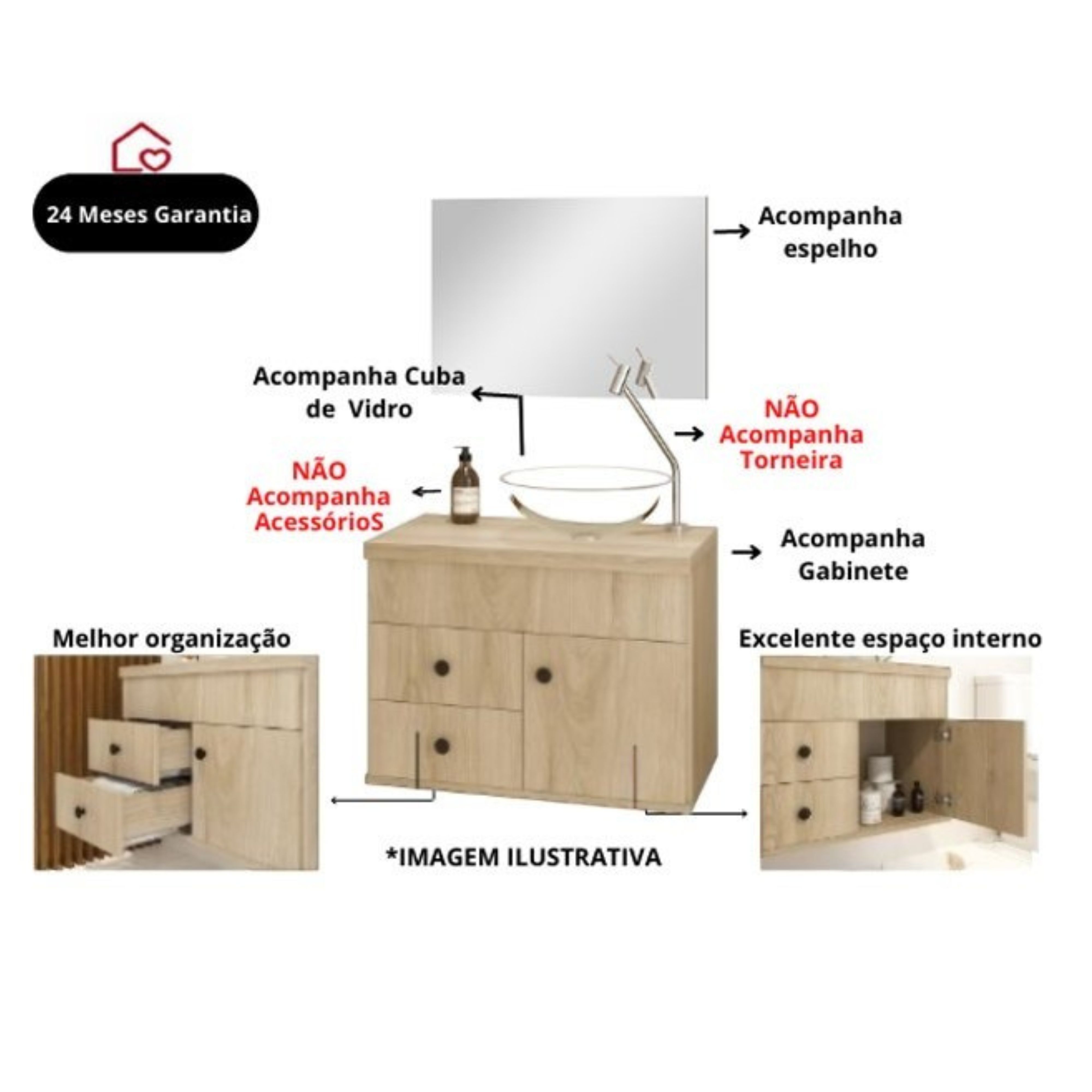 Kit Luna 60 Para Banheiro com espelho e cuba suspenso MDF
