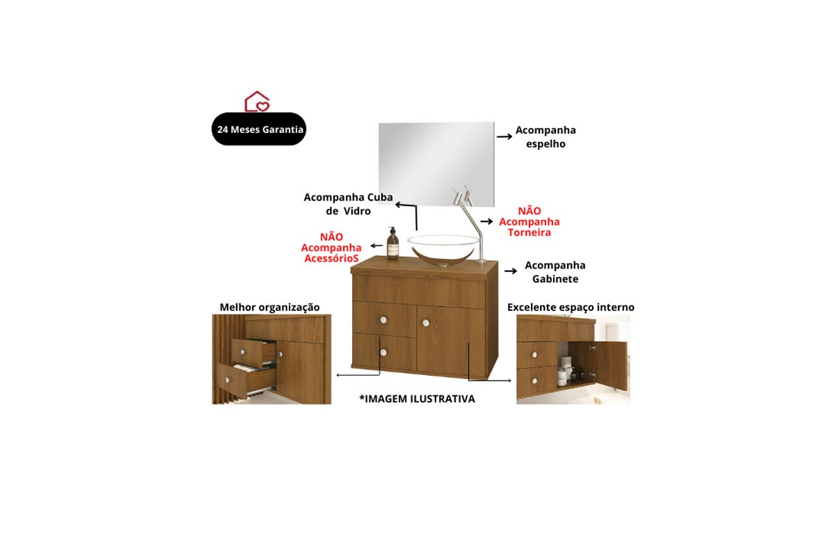 Kit Luna 60 Para Banheiro com espelho e cuba suspenso MDF