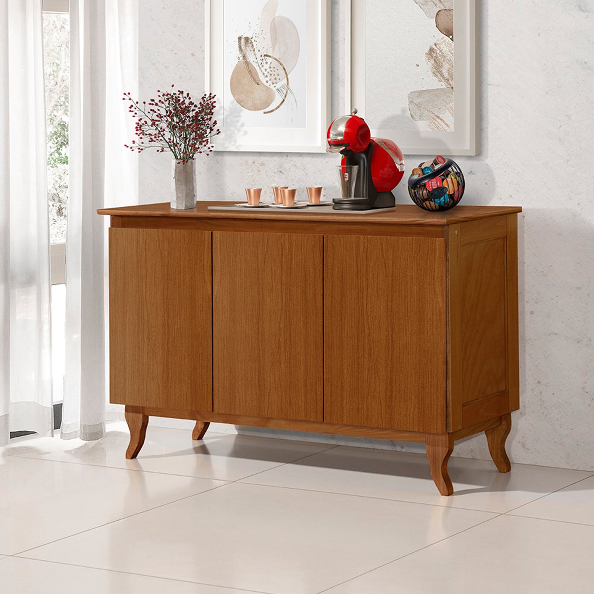 Balcão Buffet Aparador 100% Madeira 3 Portas Reymon Castanho