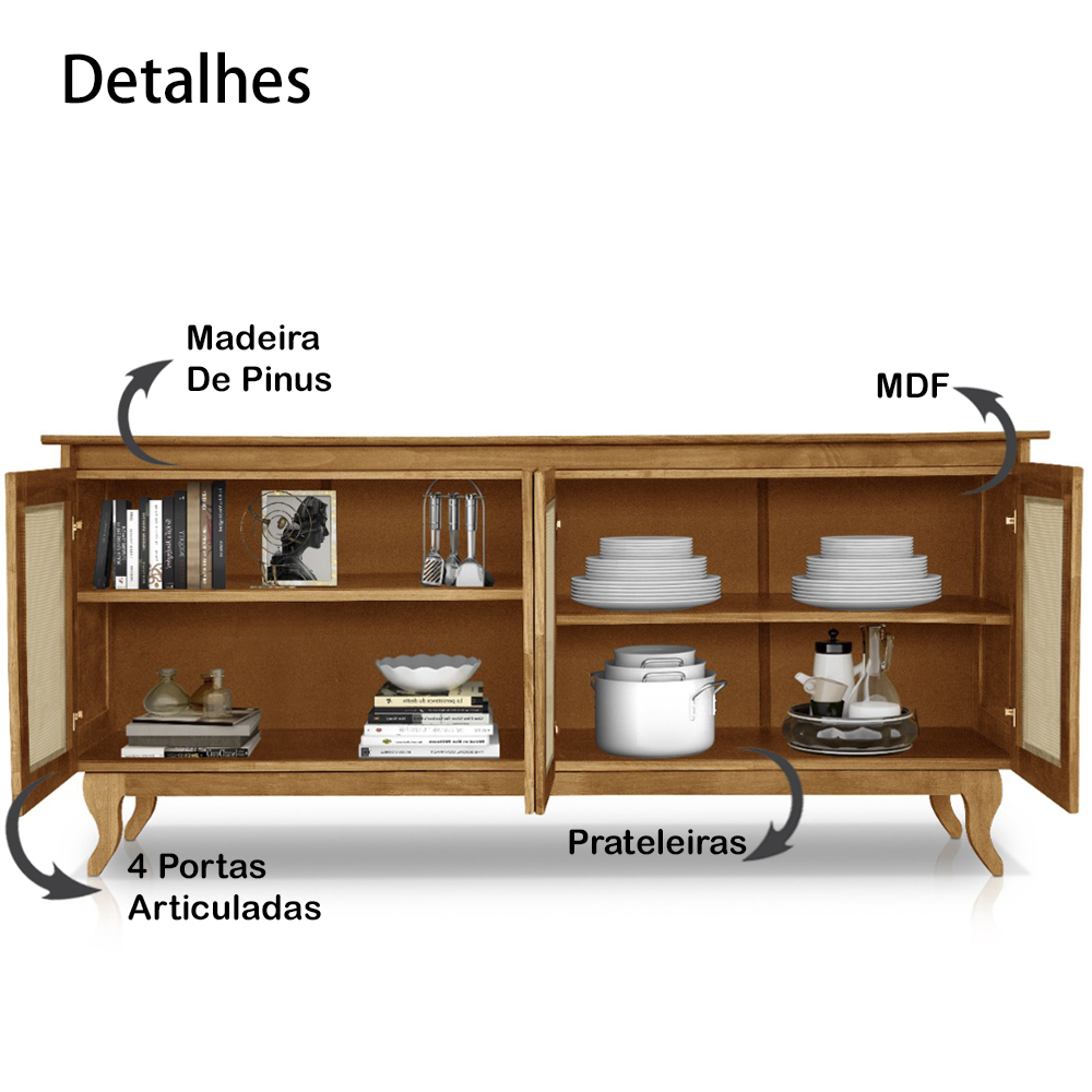 Buffet Aparador 4 Portas Com Tela 0709500 Imbuia Madeira Pinus AT Moveis