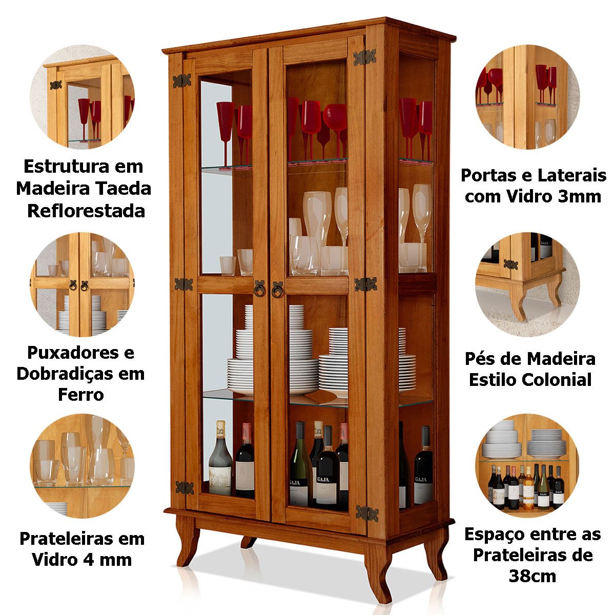 Cristaleira 2 Portas com Balcão 3 Portas Madeira Maciça Castanho
