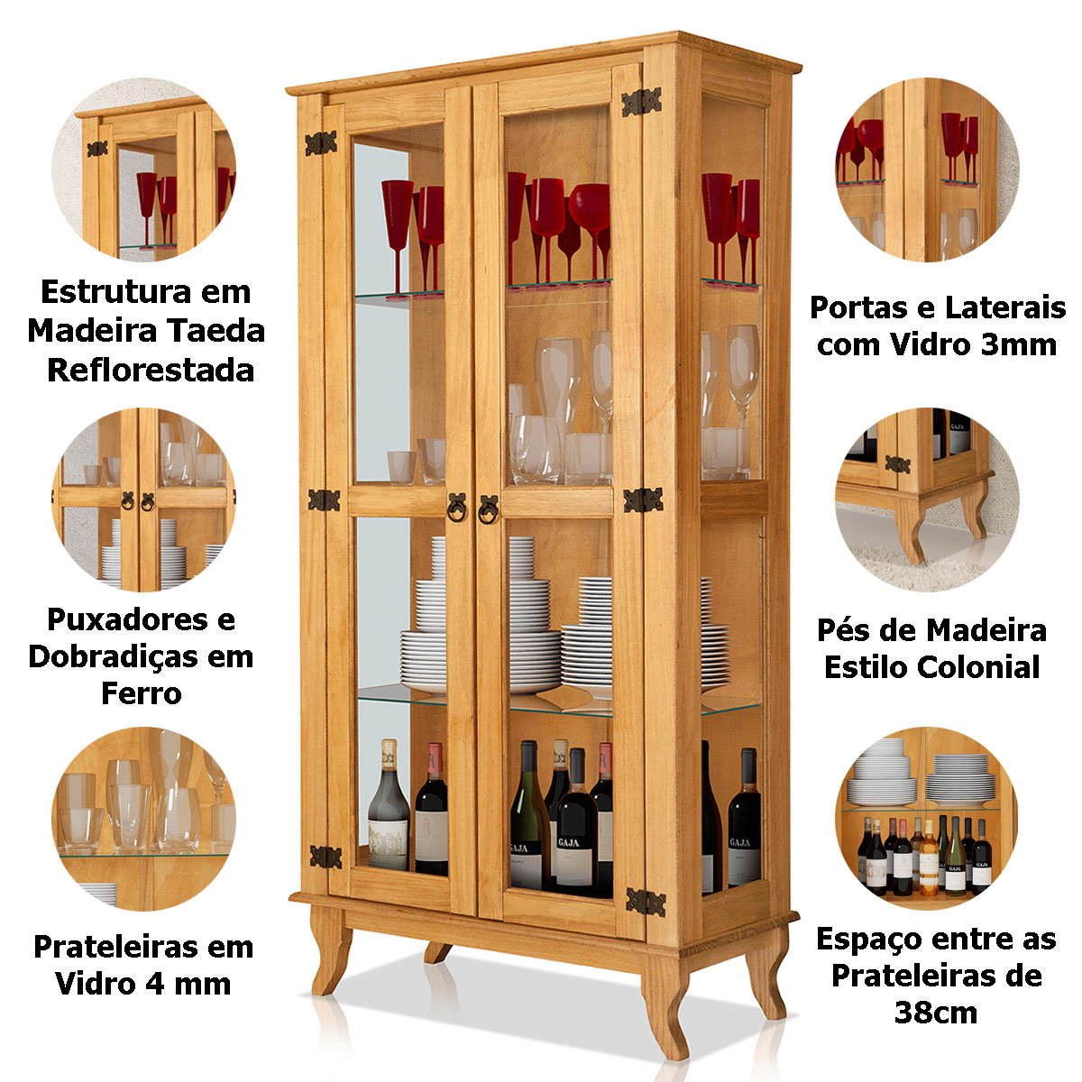 Cristaleira 2 Portas com Balcão 4 Portas Madeira Maciça Imbuia