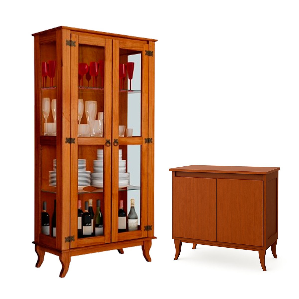 Cristaleira 2 Portas e Balcão Buffet 2 Portas 100% Madeira Ásia Castanho