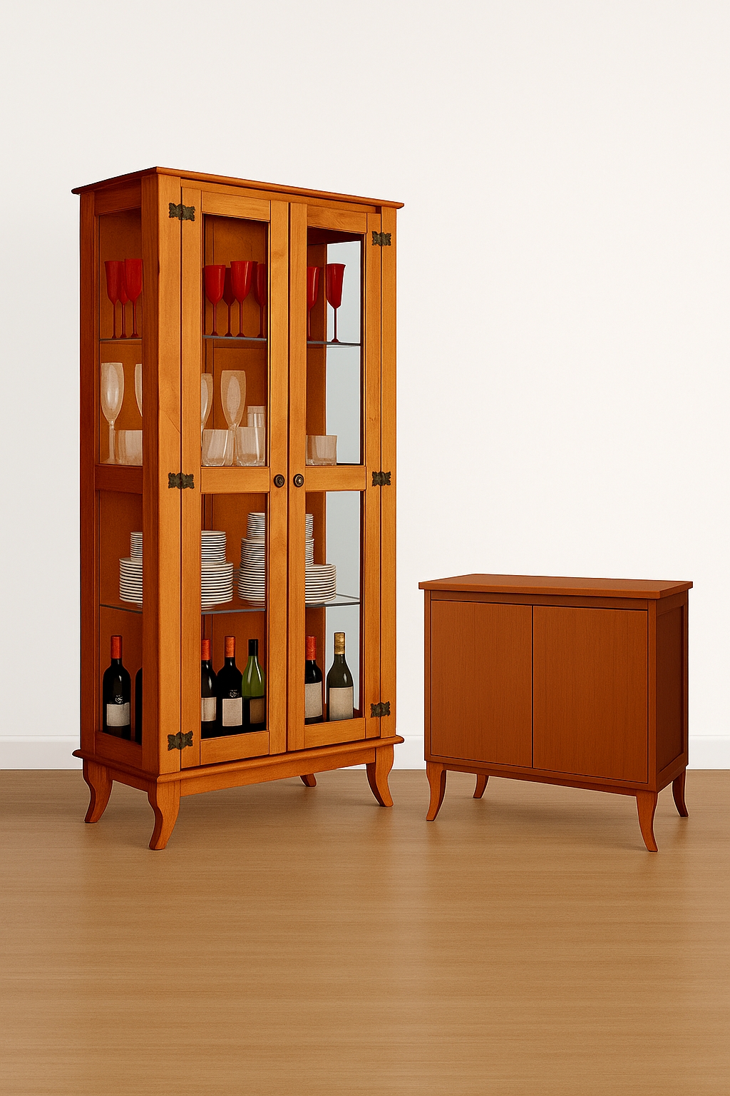 Cristaleira 2 Portas e Balcão Buffet 2 Portas 100% Madeira Ásia Castanho