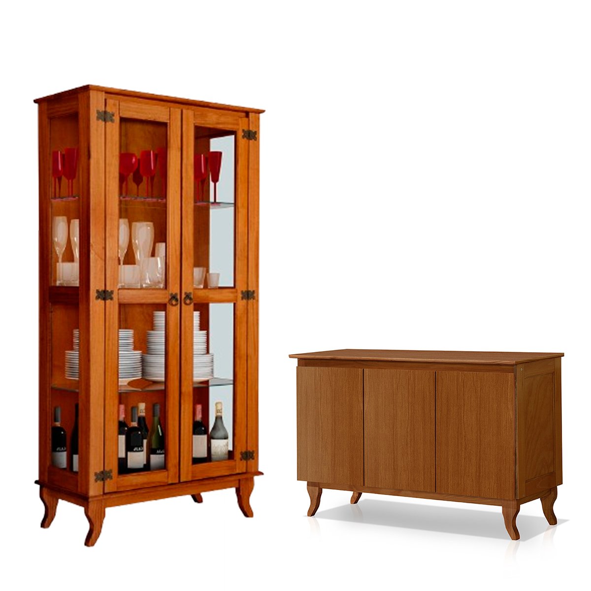 Cristaleira 2 Portas e Balcão Buffet 3 Portas 100% Madeira Ásia Castanho
