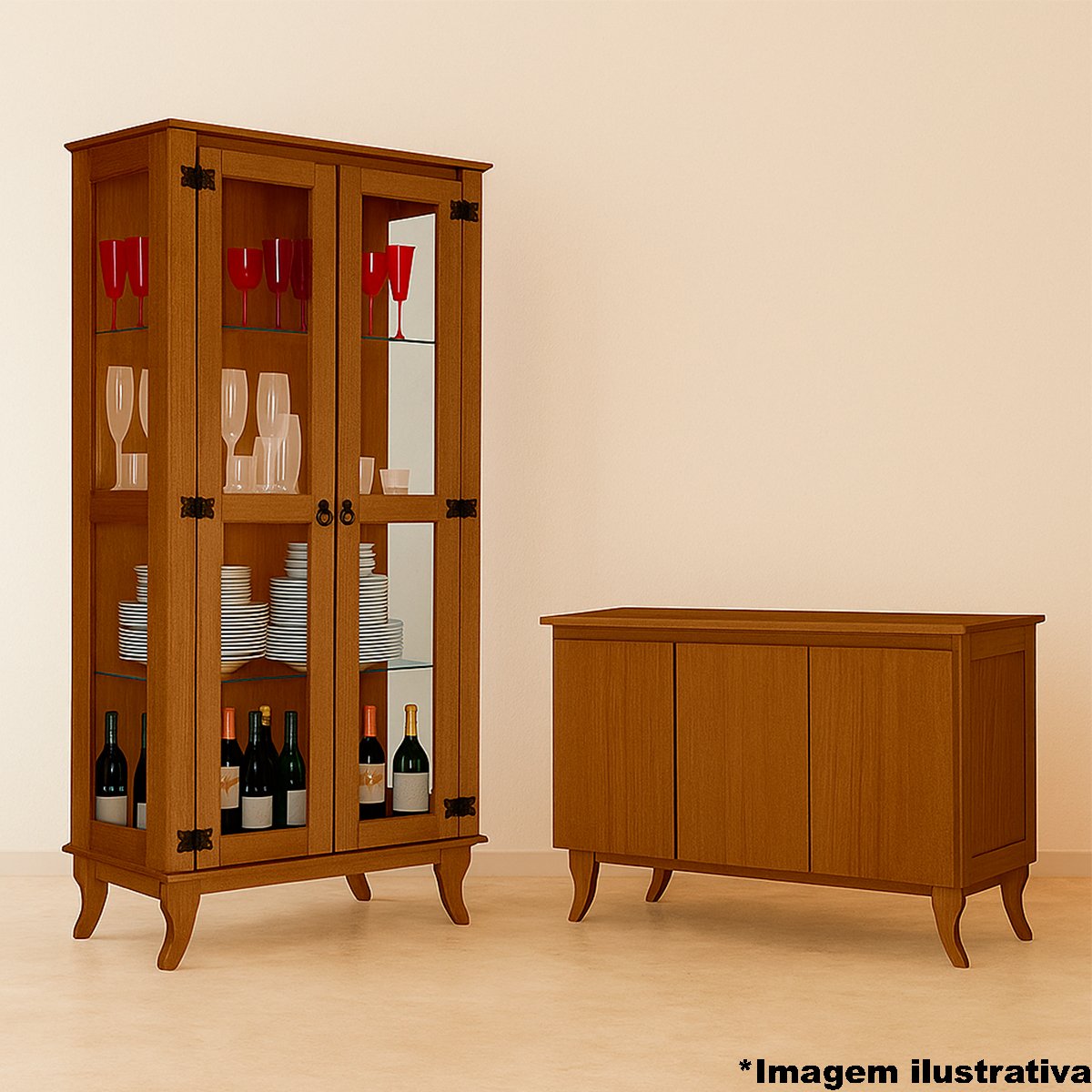 Cristaleira 2 Portas e Balcão Buffet 3 Portas 100% Madeira Ásia Castanho
