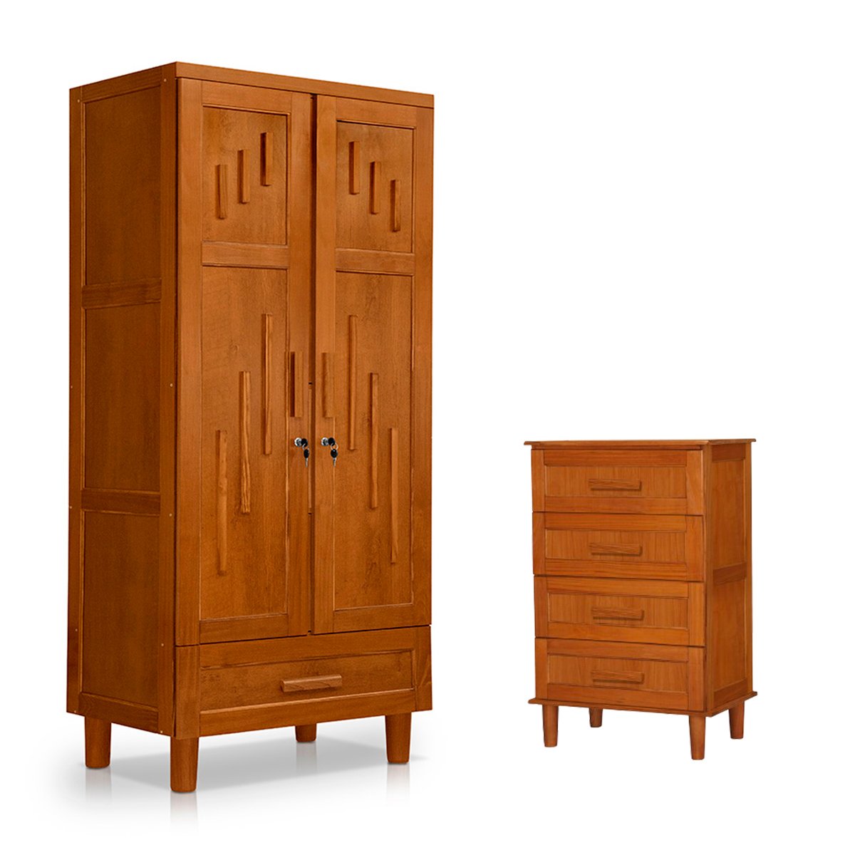 Guarda Roupa 2 Portas e Cômoda 4 Gavetas 100 % Madeira Paris Castanho